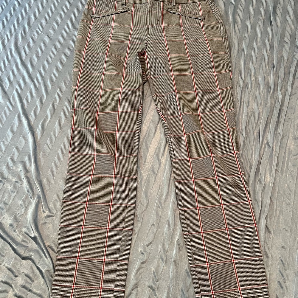 Plaid Trousers with Red Stripe. Tiny black and white houndstooth pattern